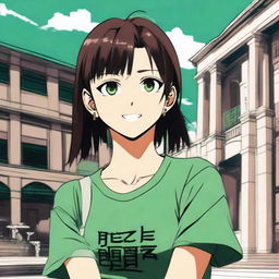 A girl with long, silky dark brown hair and greenish hazel eyes, illustrated in Jujutsu Kaisen anime style. She is wearing an oversized T-shirt with a mandarin on it, standing and smiling in front of a University building.