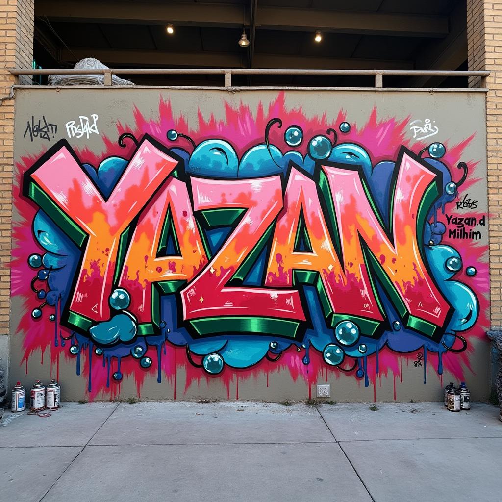 A vibrant graffiti mural showcasing the name 'Yazan