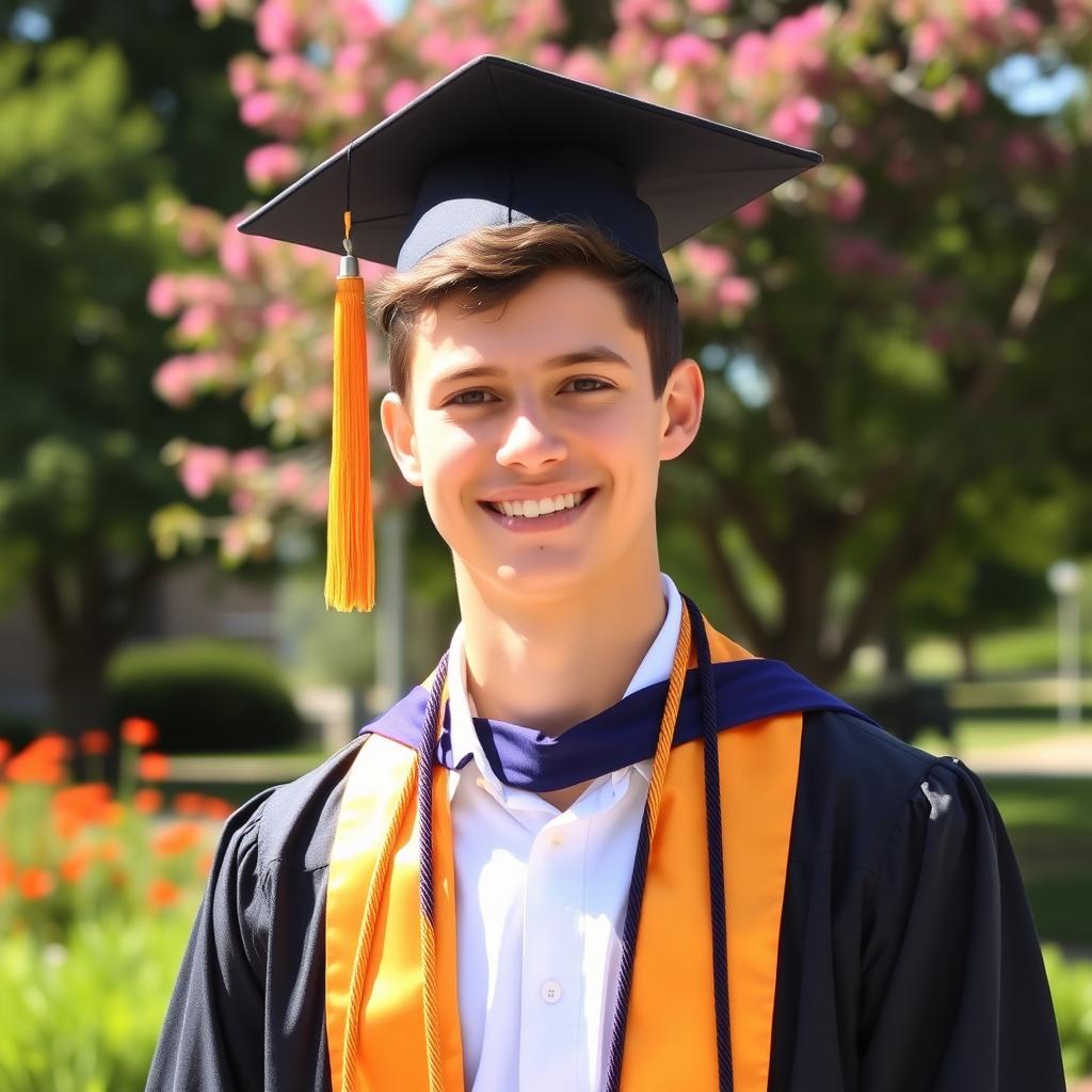 A handsome young man wearing a graduation gown, with a brightly colored cap and tassel on his head
