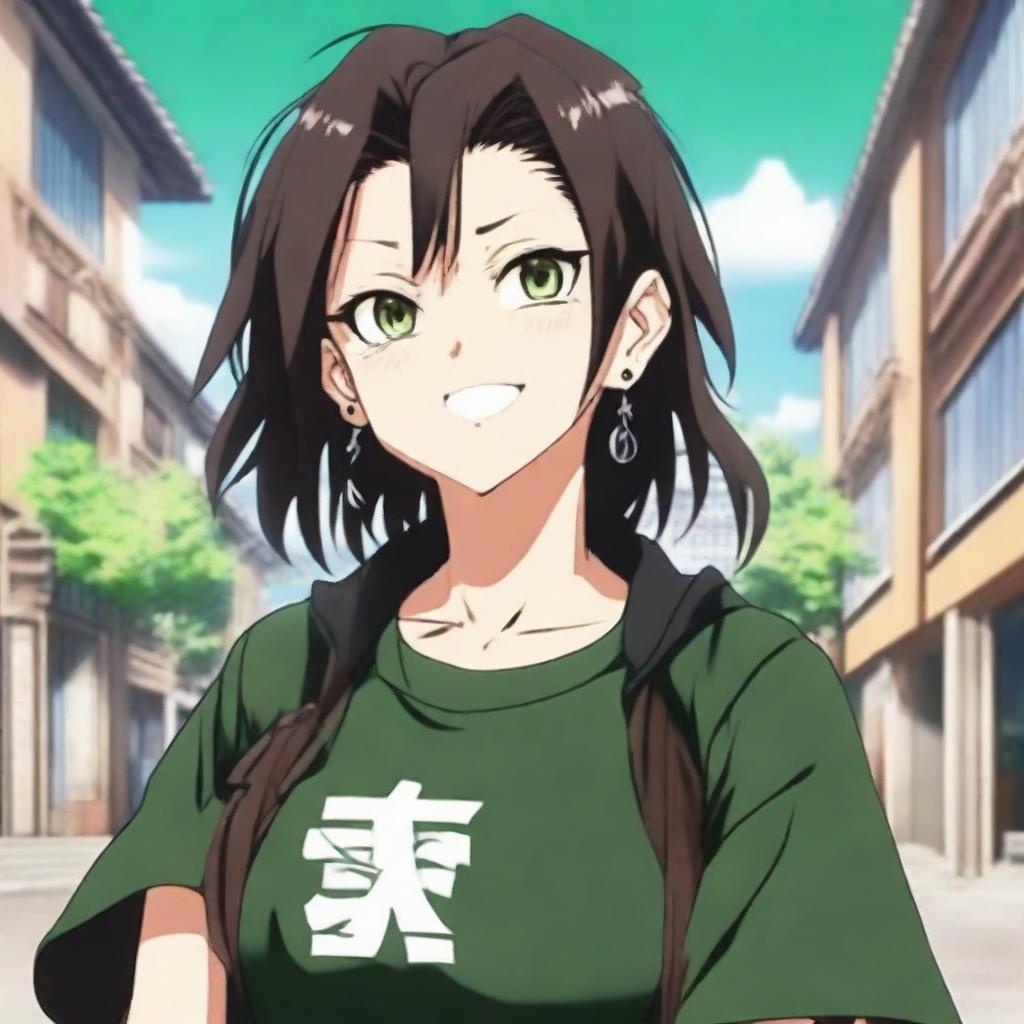 An attractive girl, with long, silky dark brown hair, and greenish hazel eyes, rendered in the anime style of Jujutsu Kaisen. She is wearing a black oversized T-shirt adorned with a mandarin, and star-shaped earrings, standing and smiling in front of a University.