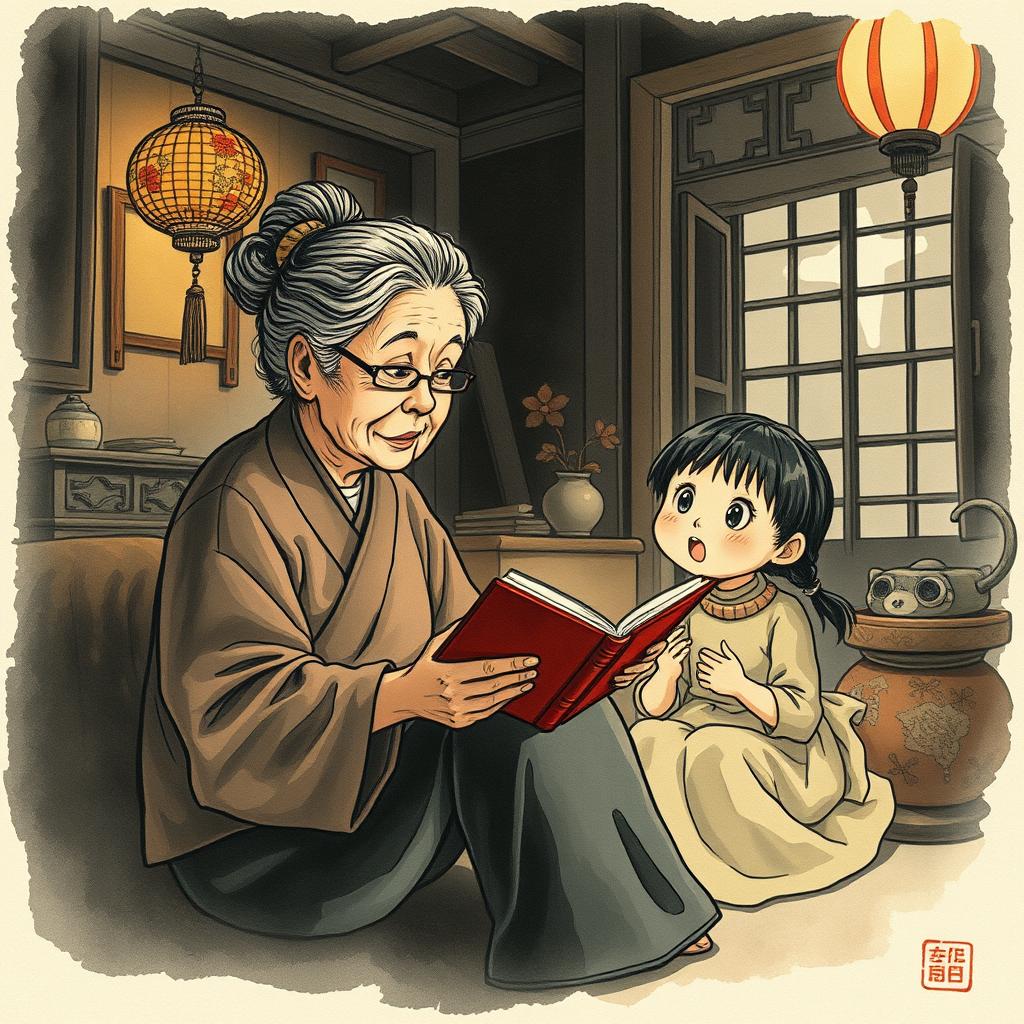 A 1990s Chinese grandmother sitting in a cozy, old house, telling a ghost story to her granddaughter