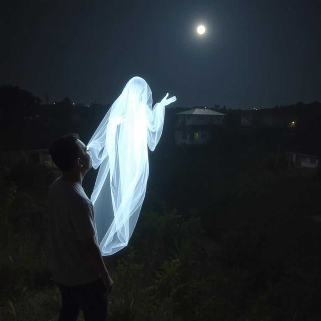 A Malaysian Chinese man from the 2000s is depicted encountering a ghost beside a valley behind a suburban neighborhood at night