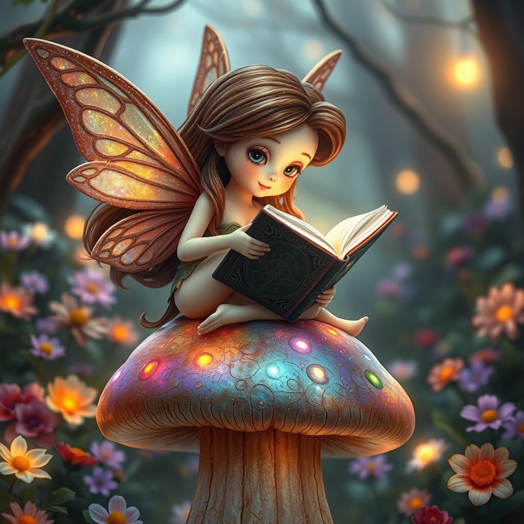 A whimsical fairy with long flowing brown hair and sparkling, iridescent wings, gracefully perched on top of a large, colorful mushroom