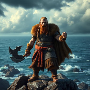 A fierce Viking warrior standing on a rocky cliff overlooking the ocean, clad in traditional Viking armor with intricate patterns