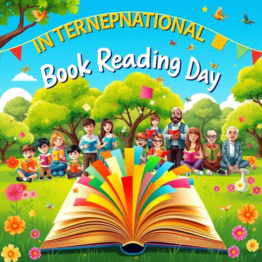 A vibrant and engaging poster image for International Book Reading Day, featuring a diverse group of people of all ages joyfully reading books in a lush green park setting