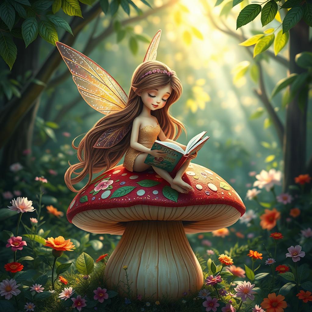 A whimsical fairy with long, flowing brown hair and sparkling, iridescent wings sitting gracefully atop a vibrant, colorful mushroom