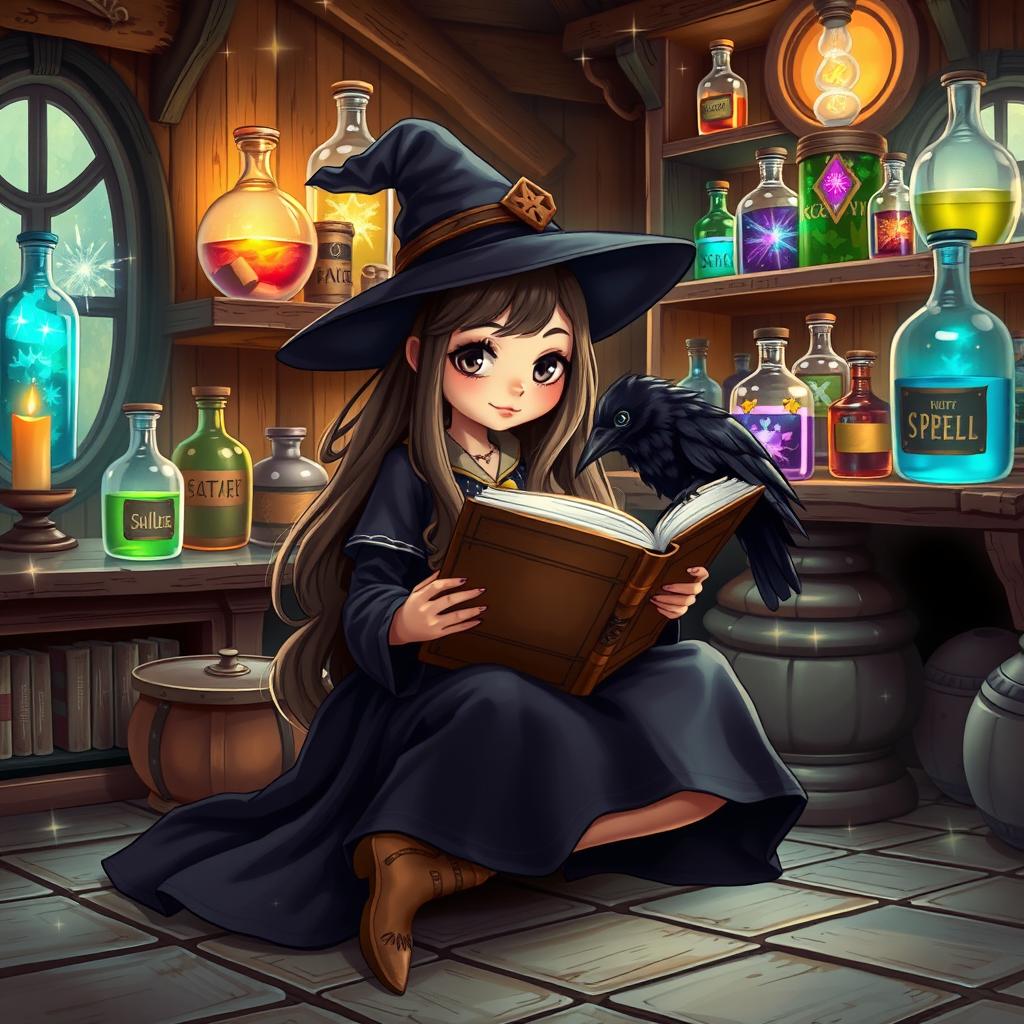 A cute witch with long, flowing hair dressed in a dark, elegant dress, sitting cross-legged while reading an ancient, large spellbook