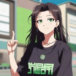 An attractive girl, with long, silky dark brown hair, and greenish hazel eyes, rendered in the anime style of Jujutsu Kaisen. She is wearing a black oversized T-shirt adorned with a mandarin, and star-shaped earrings, standing and smiling in front of a University.