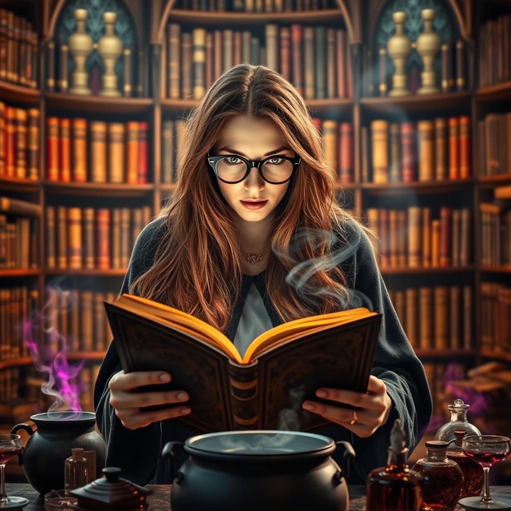 A mystical witch with long flowing brown hair, wearing stylish round reading glasses, is holding an ancient grimoire in front of a bubbling cauldron inside a grand, enchanting library