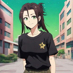 An attractive girl, with long, silky dark brown hair, and greenish hazel eyes, rendered in the anime style of Jujutsu Kaisen. She is wearing a black oversized T-shirt adorned with a mandarin, and star-shaped earrings, standing and smiling in front of a University.