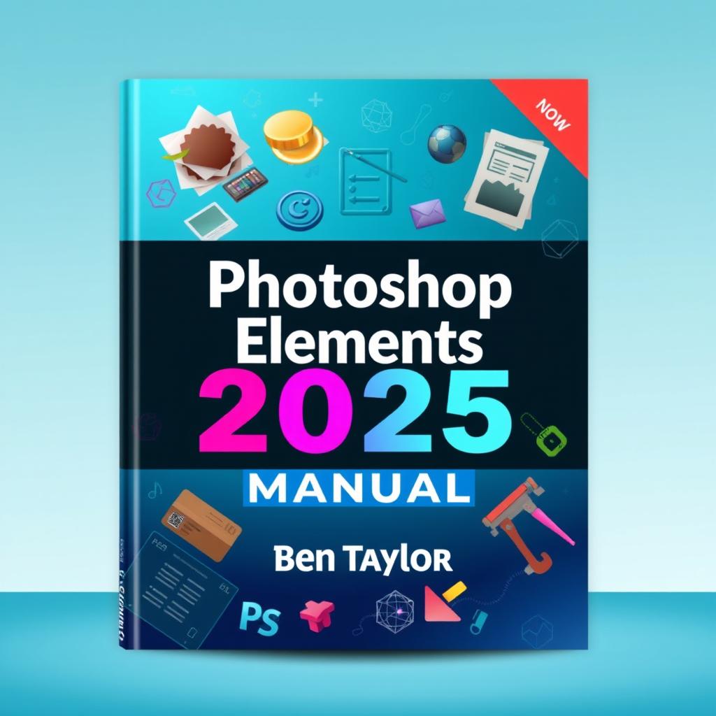 A detailed cover design for 'Photoshop Elements 2025 Manual by Ben Taylor', showcasing the art of digital photo editing and creative design