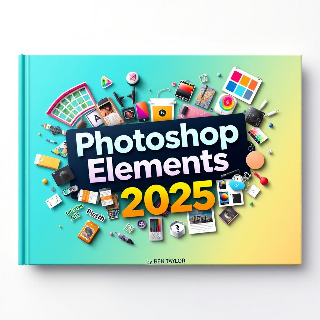 A vibrant and engaging cover design for 'Photoshop Elements 2025 Manual by Ben Taylor', emphasizing digital photo editing and creative design