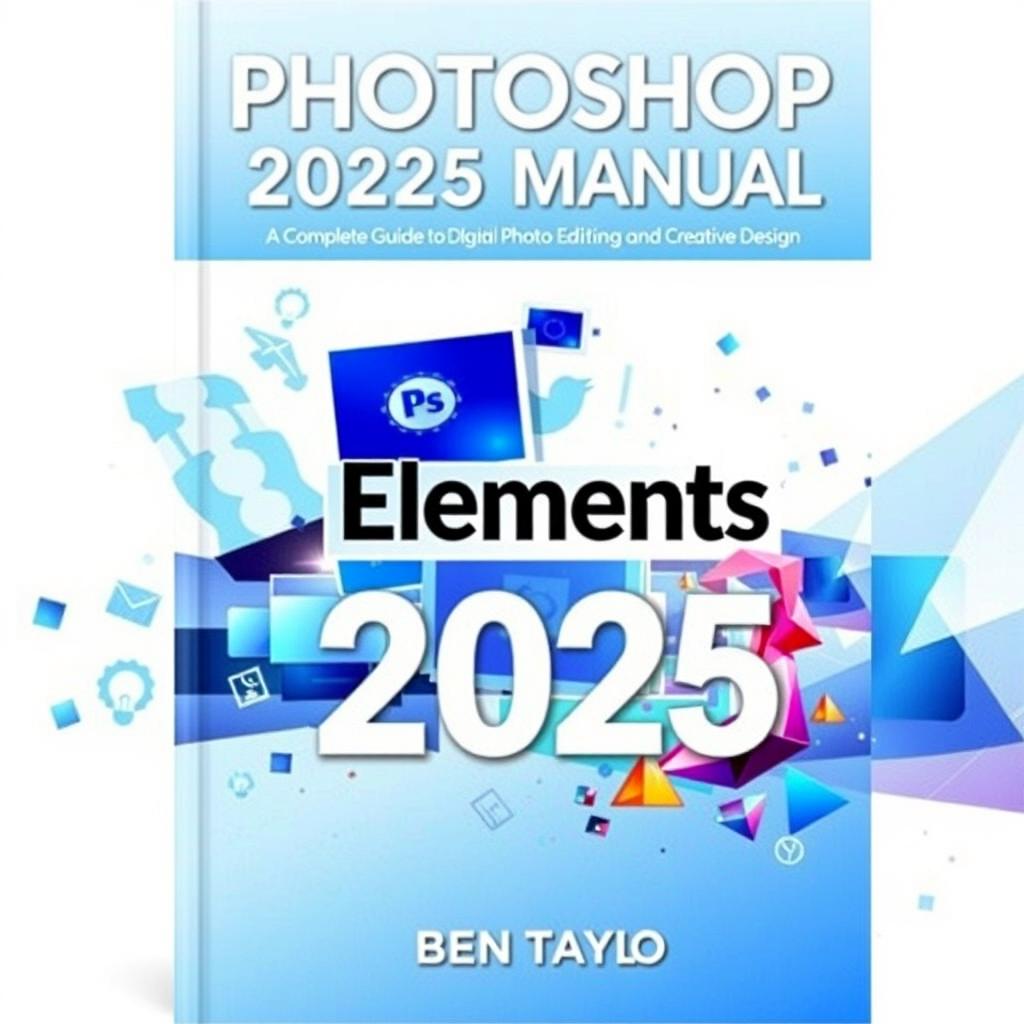 A visually engaging book cover for 'Photoshop Elements 2025 Manual by Ben Taylor, A Complete Guide to Digital Photo Editing and Creative Design'