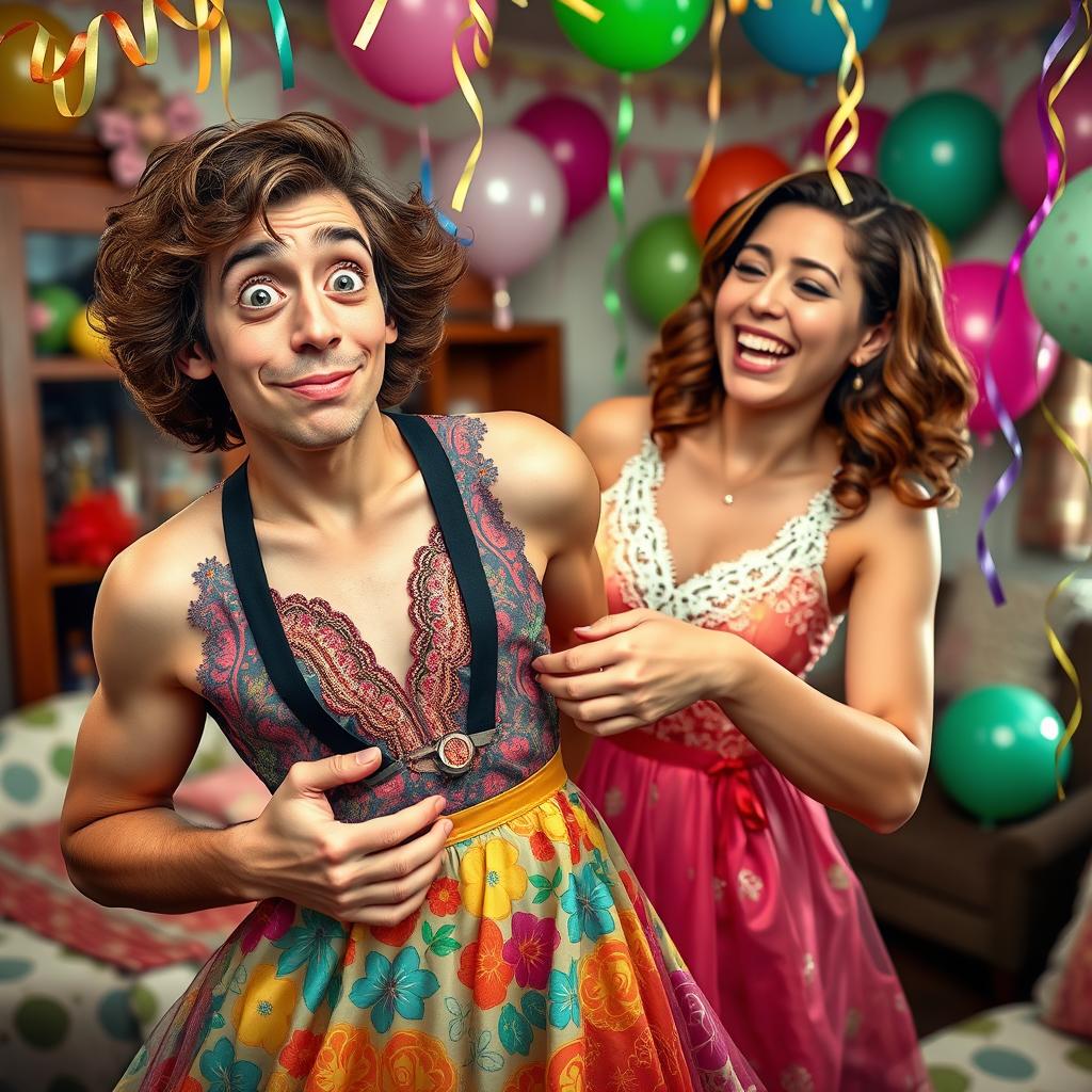 A whimsical scene featuring an adult man and his adult sister in a cozy room