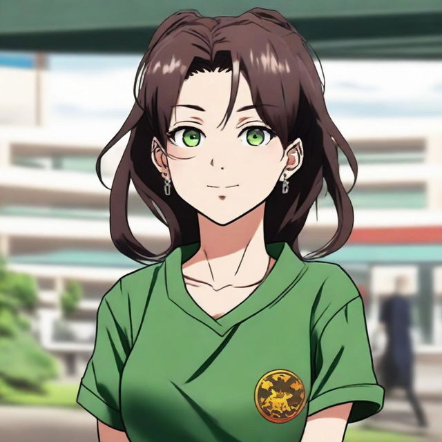 An attractive girl, with long, silky dark brown hair, and greenish hazel eyes, rendered in the anime style of Jujutsu Kaisen. She is wearing a black oversized T-shirt adorned with a mandarin, and star-shaped earrings, standing and smiling in front of a University.