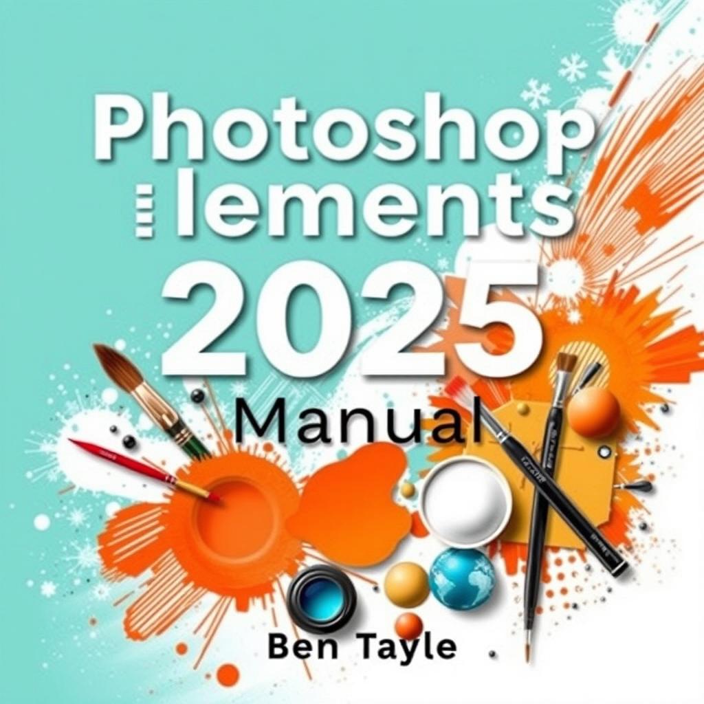 A striking and modern book cover design for 'Photoshop Elements 2025 Manual by Ben Taylor, A Complete Guide to Digital Photo Editing and Creative Design'