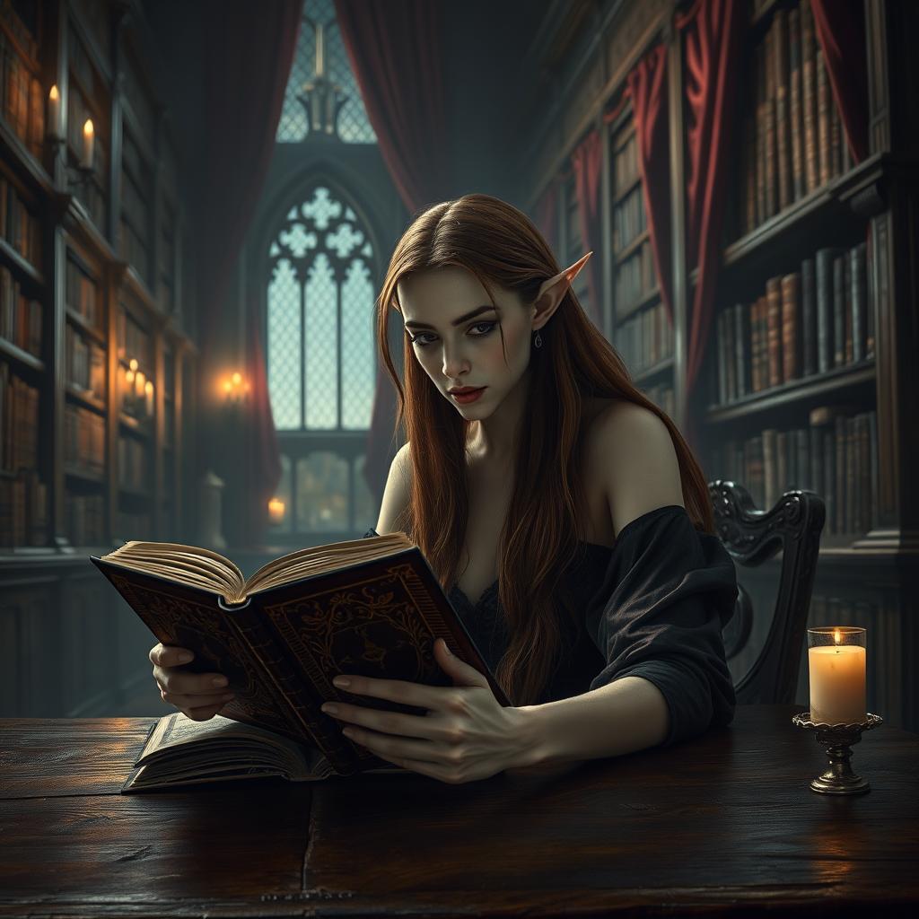 A pale female vampire with long flowing brown hair and elongated pointed ears, sitting at an old wooden table in a dimly lit library