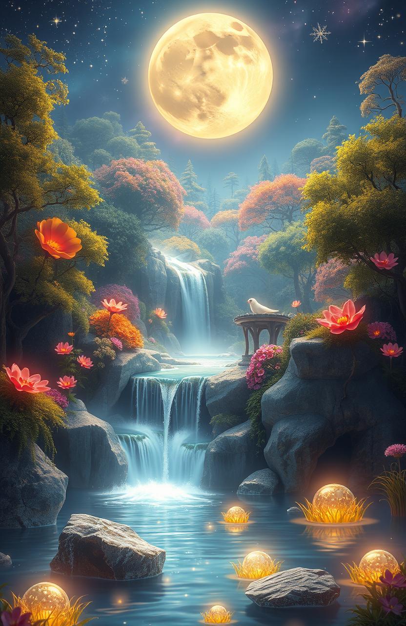 A stunning fantasy landscape showcasing a mystical forest with glowing plants and vibrant flowers
