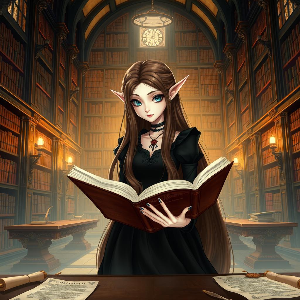 An animated pale female vampire with long flowing brown hair and elegantly pointed ears, immersed in reading a large ancient book in a grand library filled with towering bookshelves