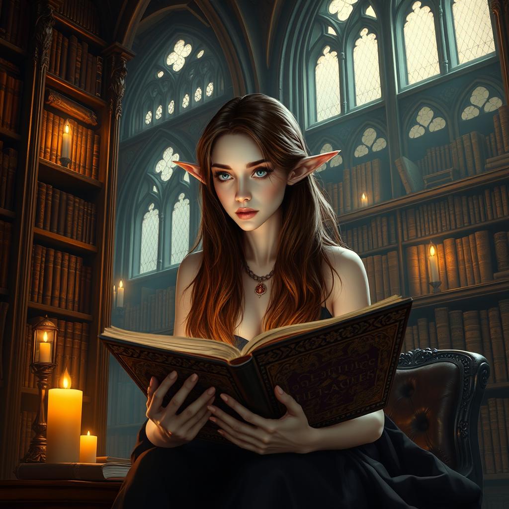 An enchanting pale female vampire with long, flowing brown hair and long pointed ears, sitting in a grand old library