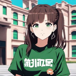 Attractive girl styled in Jujutsu Kaisen anime aesthetics with dark brown, long, silky hair and greenish hazel eyes. She wears a black oversized T-shirt with a mandarin imprint, star-shaped earrings, smiling as she stands in front of a university.