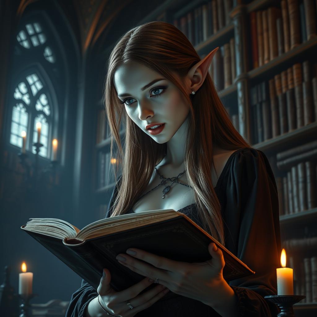 An enchanting pale female vampire with long brown hair and elegant long pointed ears, her lips slightly parted revealing sharp fangs