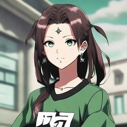 Attractive girl styled in Jujutsu Kaisen anime aesthetics with dark brown, long, silky hair and greenish hazel eyes. She wears a black oversized T-shirt with a mandarin imprint, star-shaped earrings, smiling as she stands in front of a university.