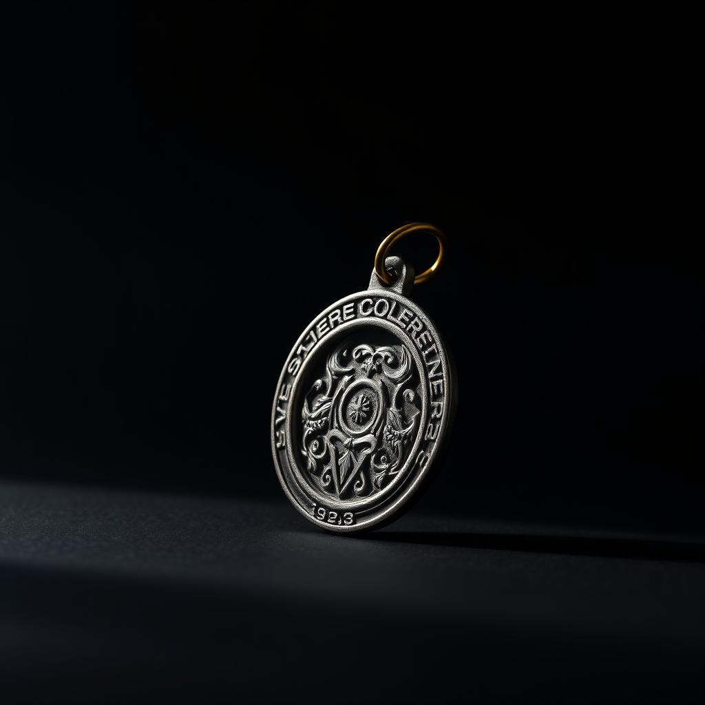 A professional studio photoshoot of a keychain with intricate details, positioned elegantly on a smooth black background