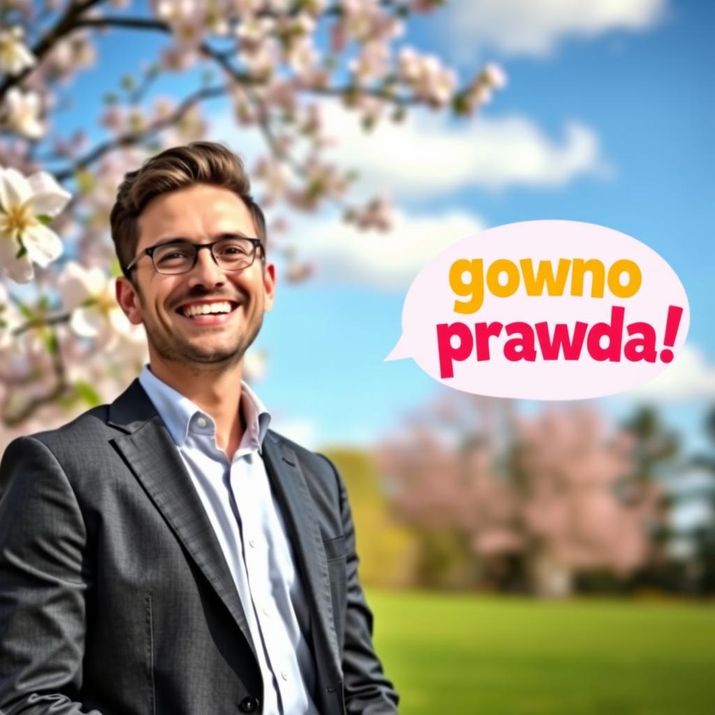 A scene showcasing a man standing confidently with a bright smile, dressed in a tailored suit, in an outdoor setting with a vibrant background of flowering trees and blue skies