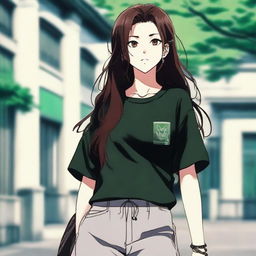 Attractive girl styled in Jujutsu Kaisen anime aesthetics with dark brown, long, silky hair and greenish hazel eyes. She wears a black oversized T-shirt with a mandarin imprint, star-shaped earrings, smiling as she stands in front of a university.