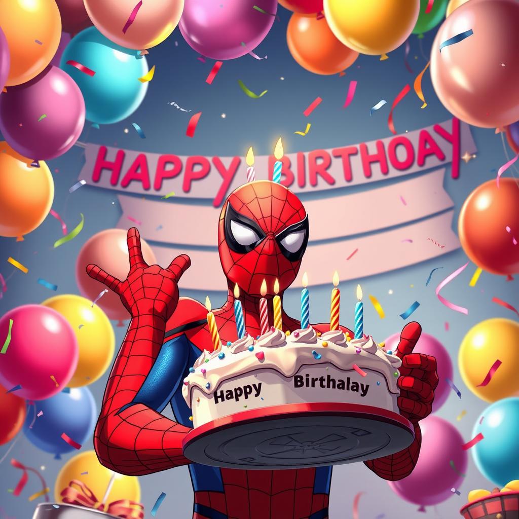 A realistic anime-style illustration of Spiderman celebrating a birthday, holding a colorful cake with eight bright candles on top