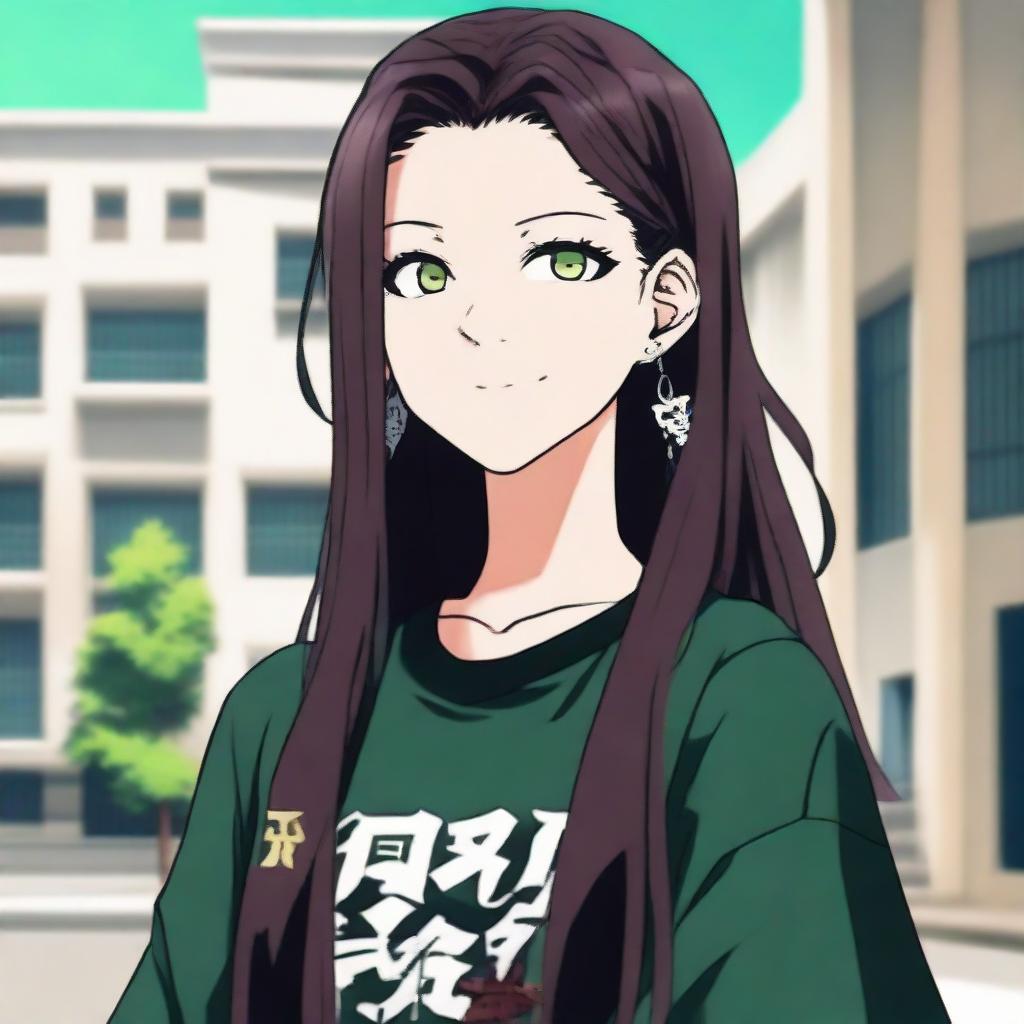 Attractive girl styled in Jujutsu Kaisen anime aesthetics with dark brown, long, silky hair and greenish hazel eyes. She wears a black oversized T-shirt with a mandarin imprint, star-shaped earrings, smiling as she stands in front of a university.