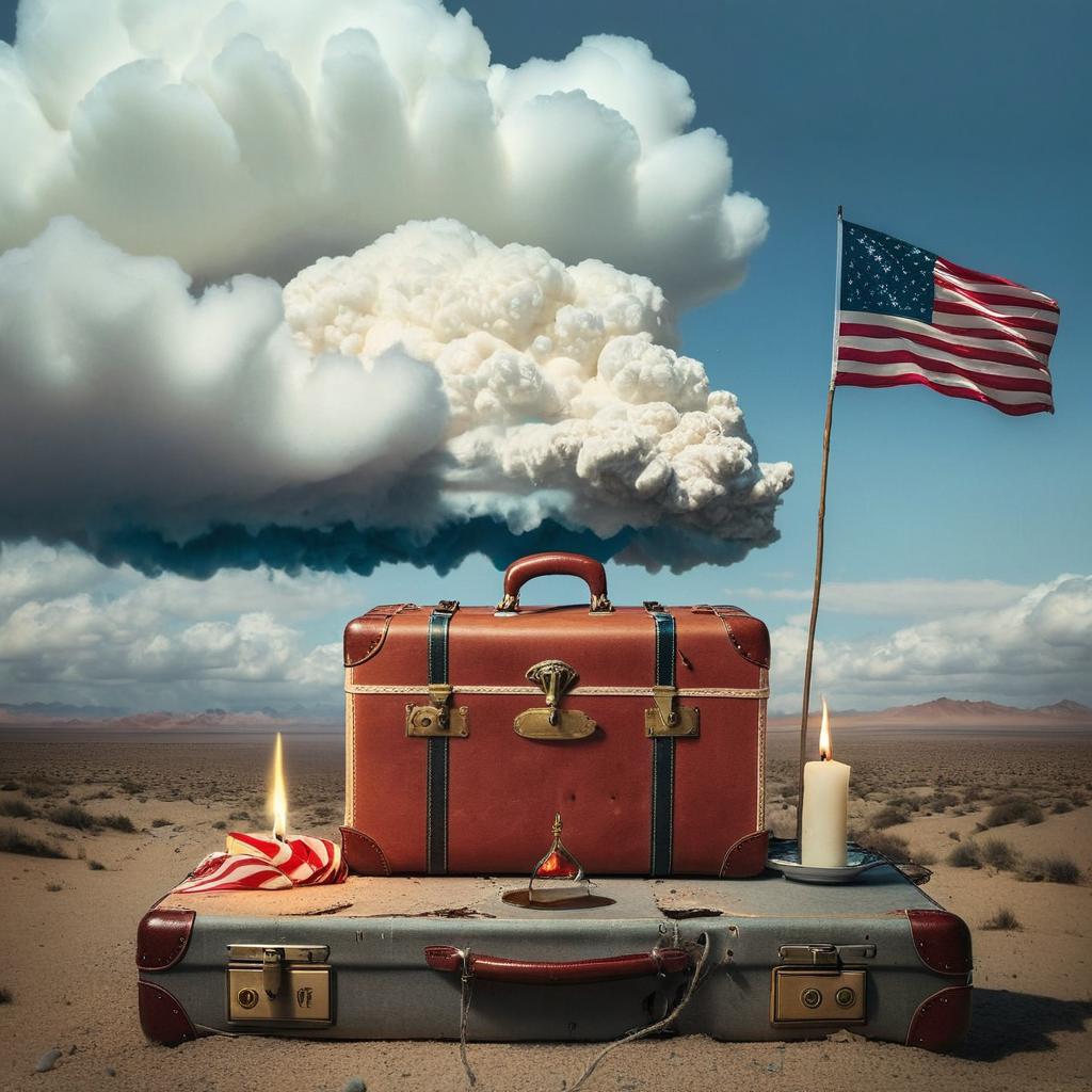 An old suitcase with surreal clouds falling from it, a very large candle on top melting, and the American and Iranian flags waving at the end and in the distance.