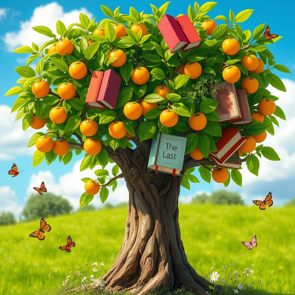 A whimsical tree with lush green leaves and branches, where the fruits are brightly colored books, specifically the classic novel 'The Last'