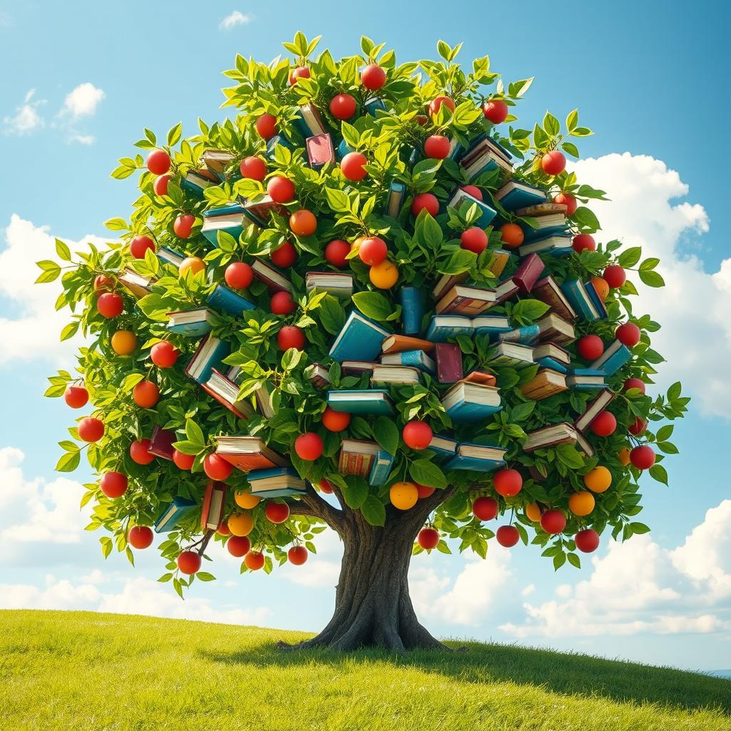 A whimsical tree with vibrant, lush green foliage, the branches heavily laden with colorful fruits that are actually books