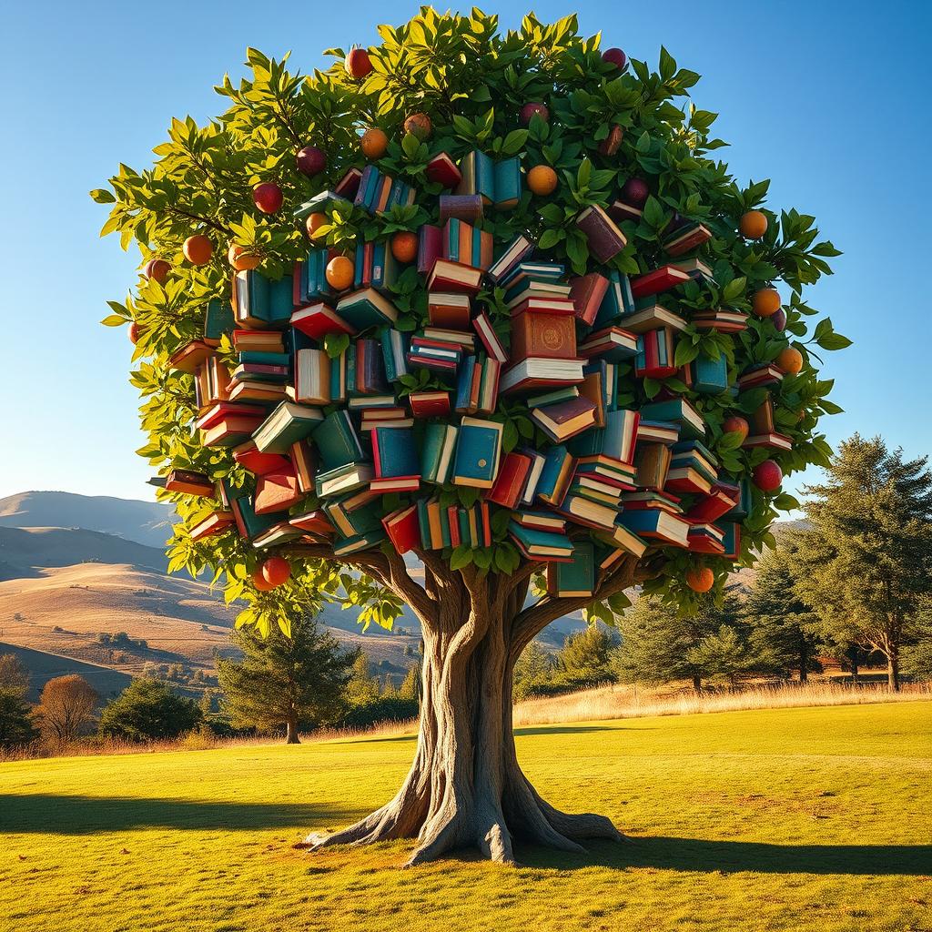 A whimsical tree with branches thick with books instead of fruits, each book vividly colored and varying in size and shape, with lush green leaves surrounding them