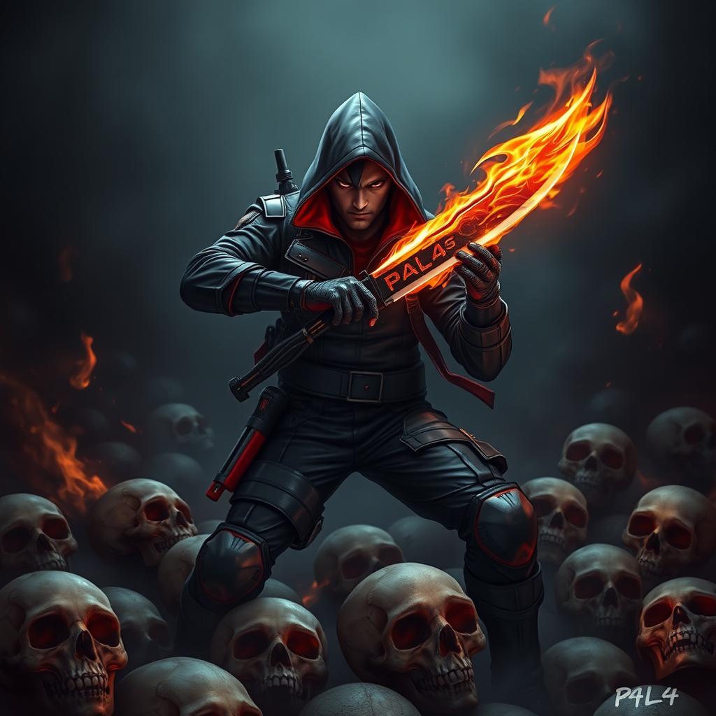 A fierce, online rogue character named P4L4, skillfully wielding a flaming knife