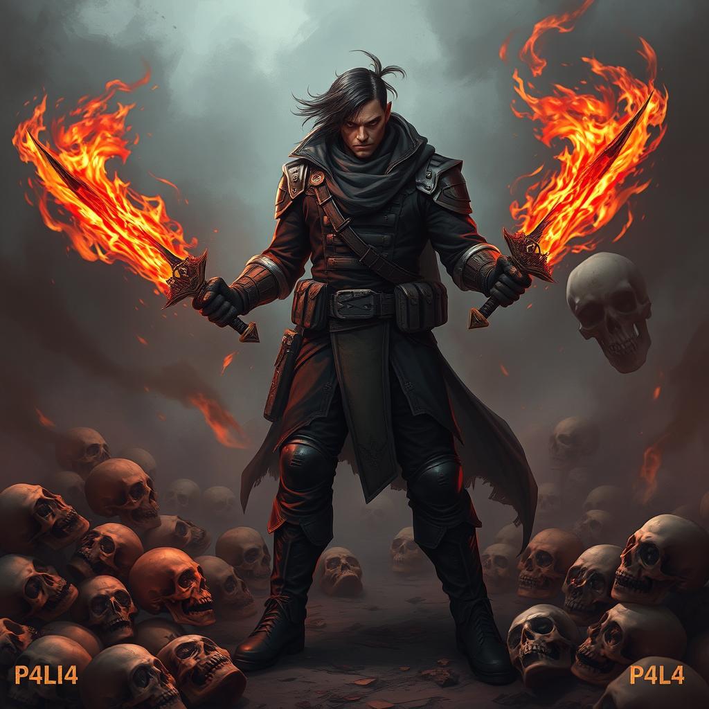 A fierce rogue character named P4L4, wielding two fiery daggers, stands confidently amidst a chaotic scene