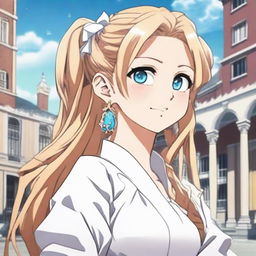 An attractive girl with caramel blonde, long, silky hair and blue eyes, in the style of Jujutsu Kaisen anime. She's wearing an oversized white dress with puffed sleeves, star-shaped earrings, standing and smiling in front of a University.