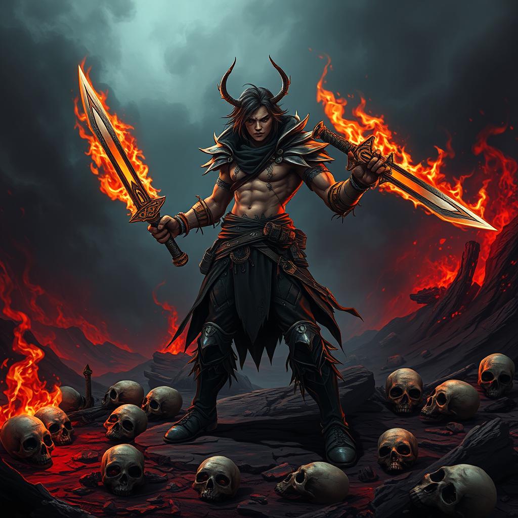A fierce rogue character named P4L4 stands confidently in a hellish landscape, wielding two blazing daggers that emit flames