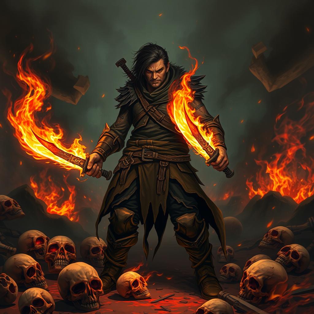A fierce rogue character named P4L4, wielding two flaming daggers, stands confidently in the midst of a hellish battlefield