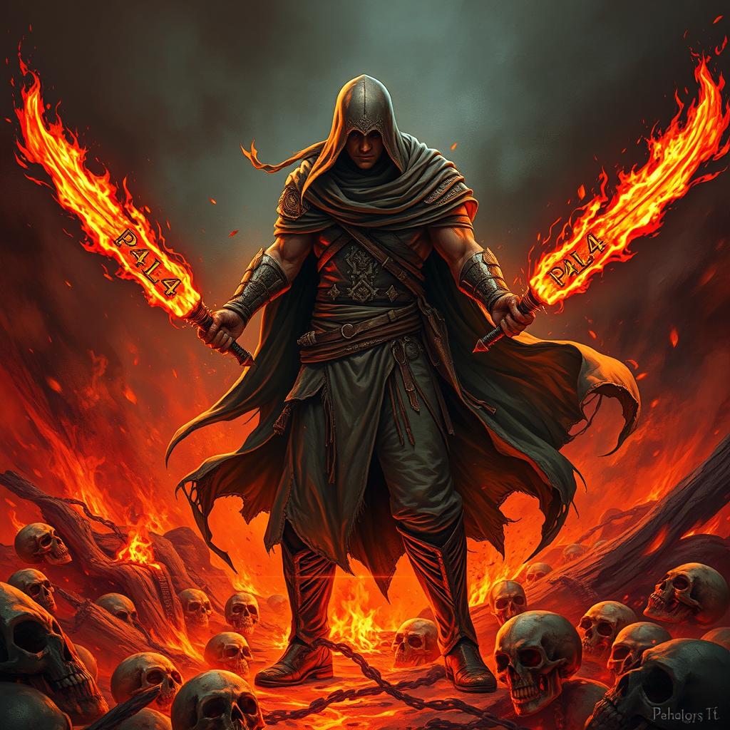 A rogue warrior wielding two fiery sabers with the engraving 'P4L4' on them, standing amidst a chaotic inferno