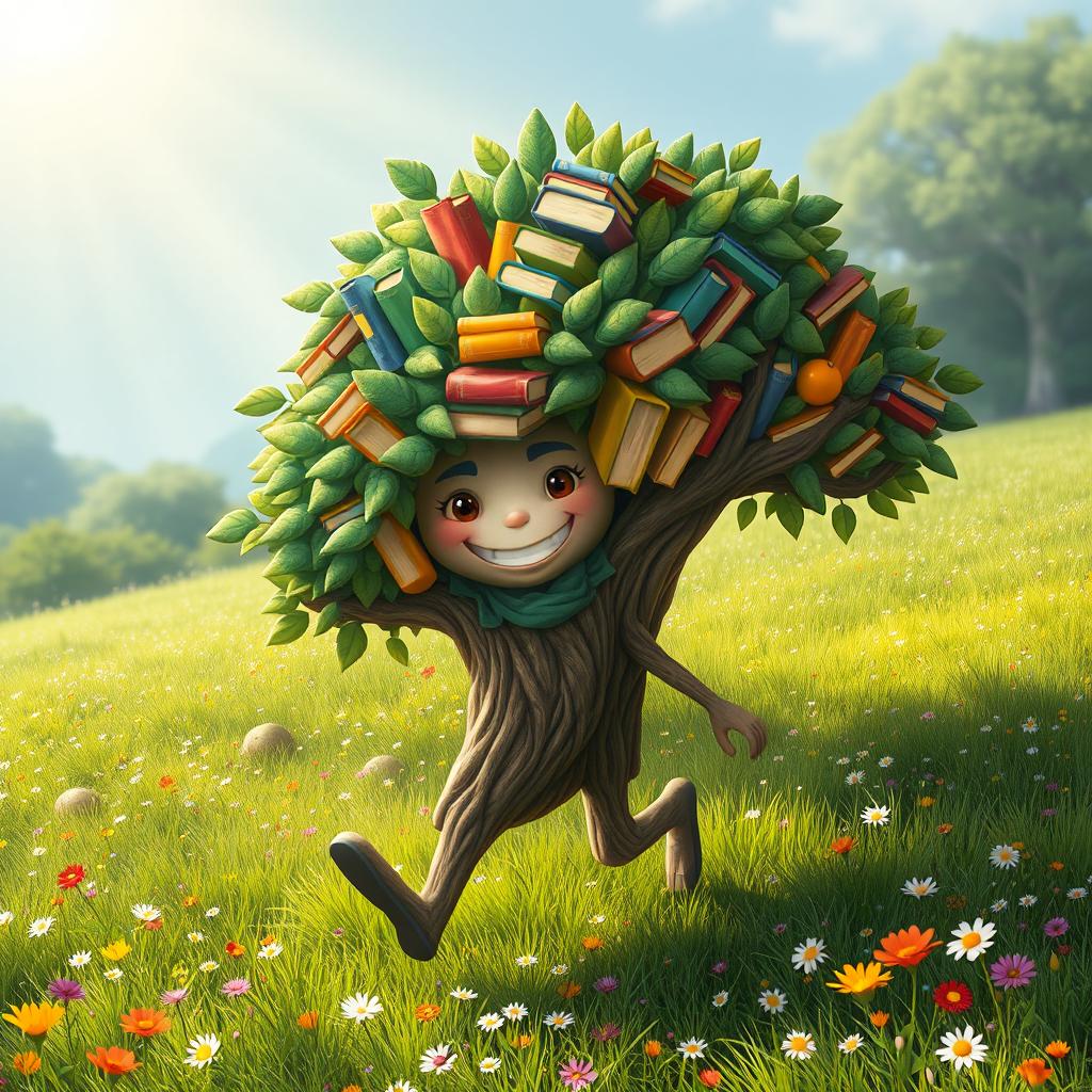 A whimsical tree that walks happily, its branches laden with colorful books instead of fruit, in a lush green landscape