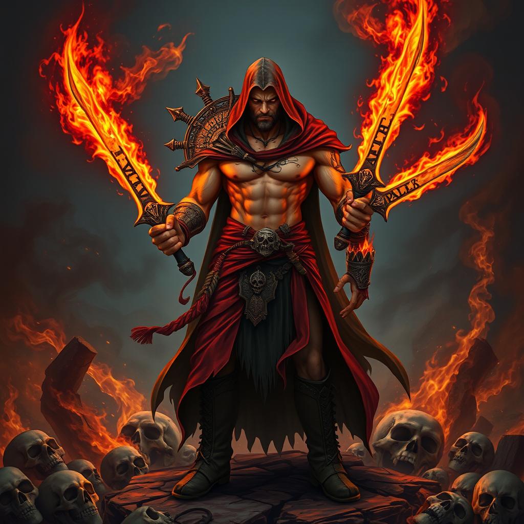 A rogue warrior with a muscular physique, holding two fiery sabers inscribed with 'P4L4', standing amidst a hellish landscape filled with skulls and flames
