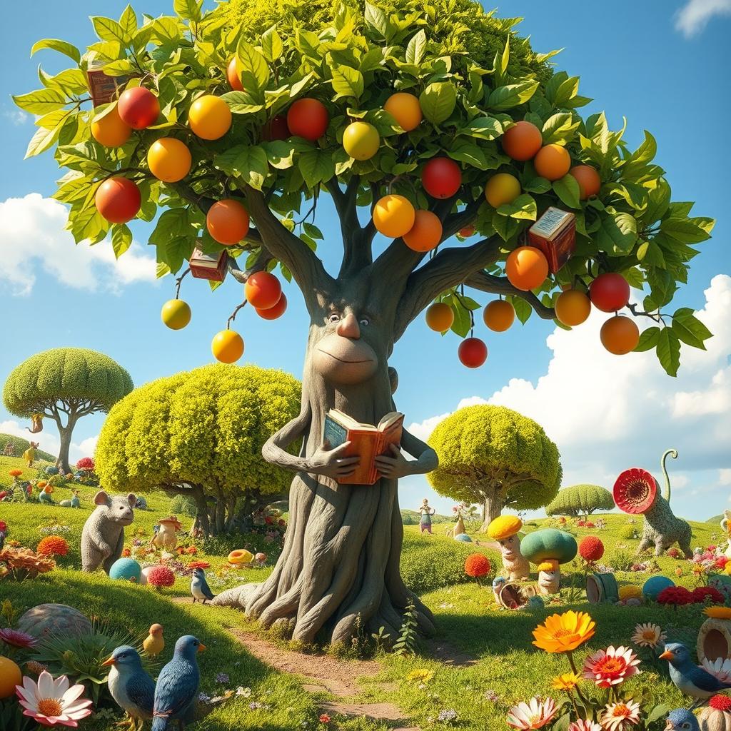 A whimsical scene featuring a large tree with vibrant green leaves, where instead of traditional fruits, the branches bear colorful, book-like fruits in various sizes and shapes