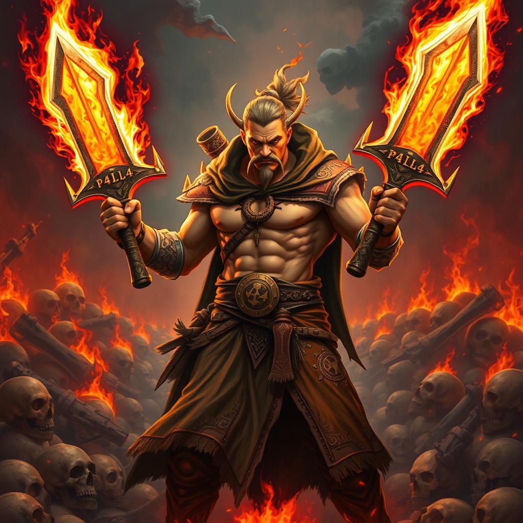 A fierce rogue warrior wielding two flaming blades with "P4L4" engraved on them, standing in a hellish environment filled with skulls