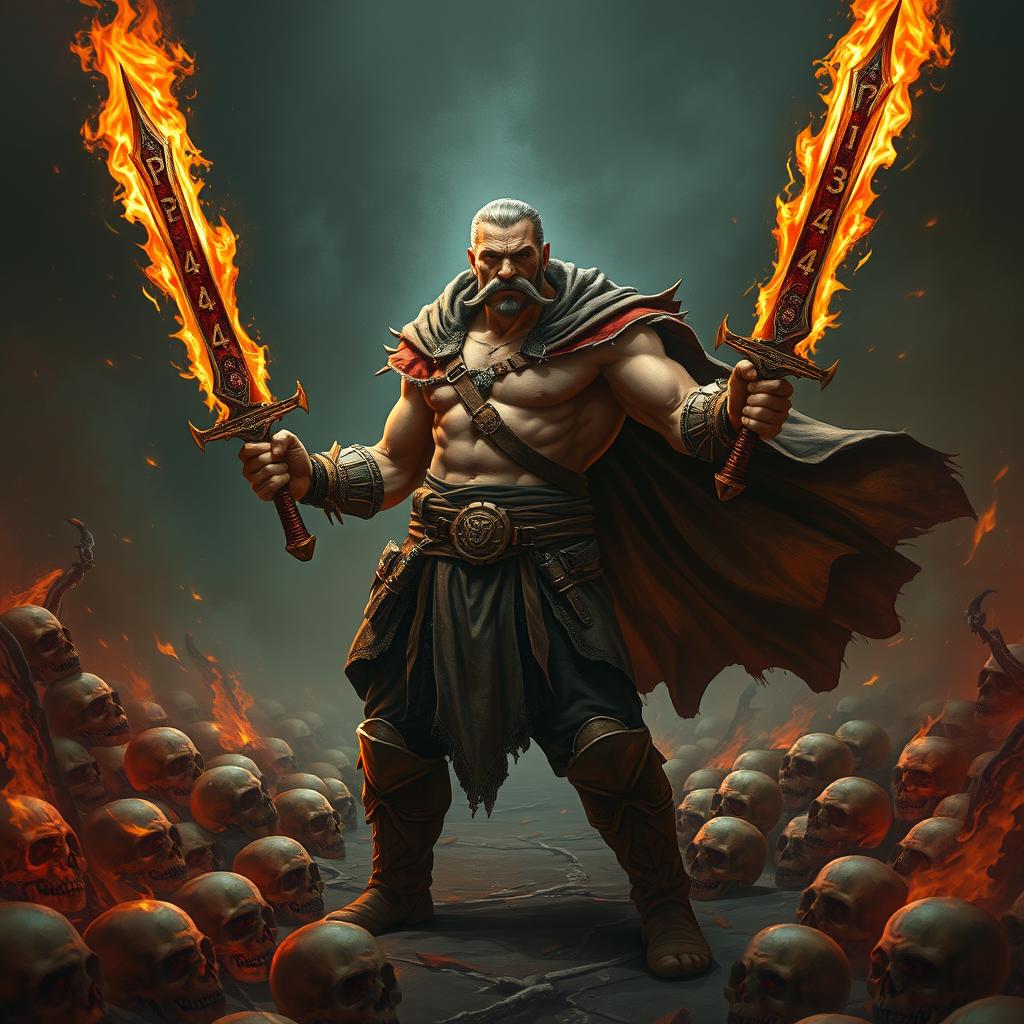 A rogue warrior standing in a hellish landscape filled with skulls, wielding two fiery swords with 'P4L4' engraved on them