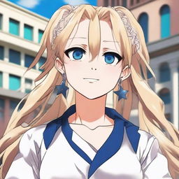 An attractive girl with caramel blonde, long, silky hair and blue eyes, in the style of Jujutsu Kaisen anime. She's wearing an oversized white dress with puffed sleeves, star-shaped earrings, standing and smiling in front of a University.