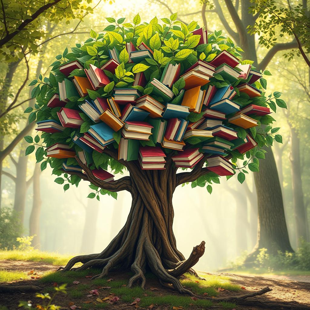 A whimsical scene featuring a tree with branches filled with books instead of fruit, walking gracefully