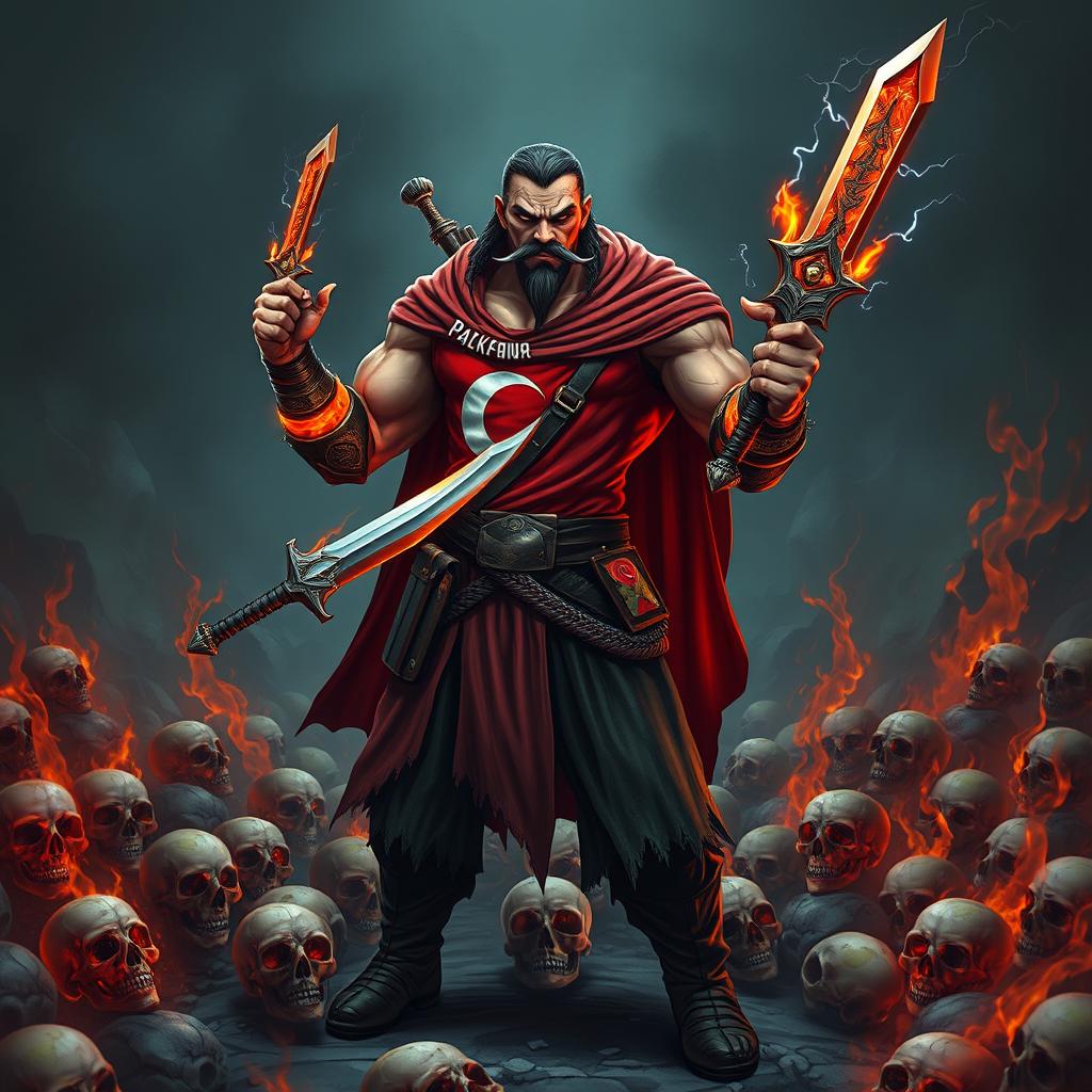 A fierce rogue warrior standing in the midst of a hellish landscape filled with skulls, wielding two unique swords: one fiery and engraved with the letters 'P4L4', and the other themed with electric motifs